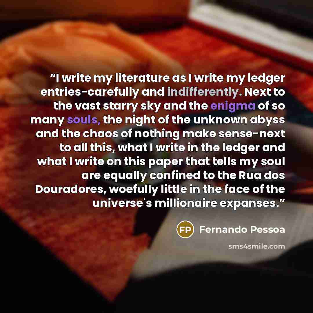 “I write my literature as I write my ledger entries-carefully and indifferently. Next to the vast starry sky and the enigma of so many souls, the night of the unknown abyss and the chaos of nothing make sense-next to all this, what I write in the ledger and what I write on this paper that tells my…” quote by Fernando Pessoa