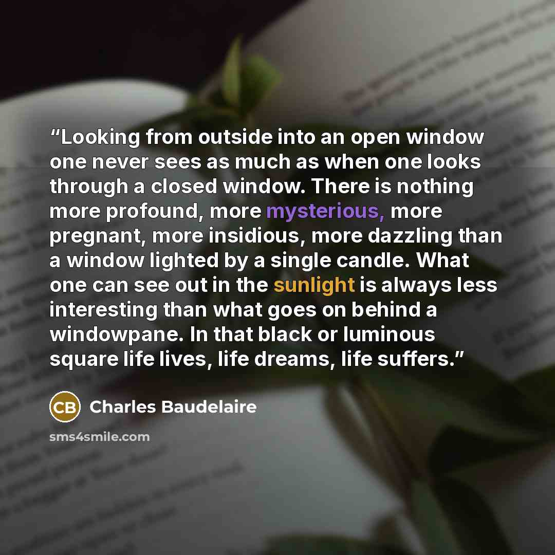 “Looking from outside into an open window one never sees as much as when one looks through a closed window. There is nothing more profound, more mysterious, more pregnant, more insidious, more dazzling than a window lighted by a single candle. What one can see out in the sunlight is always less…” quote by Charles Baudelaire