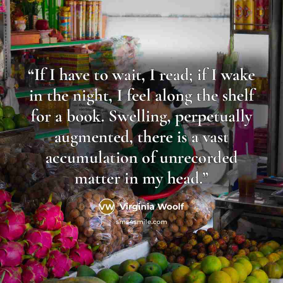 “If I have to wait, I read; if I wake in the night, I feel along the shelf for a book. Swelling, perpetually augmented, there is a vast accumulation of unrecorded matter in my head.” quote by Virginia Woolf