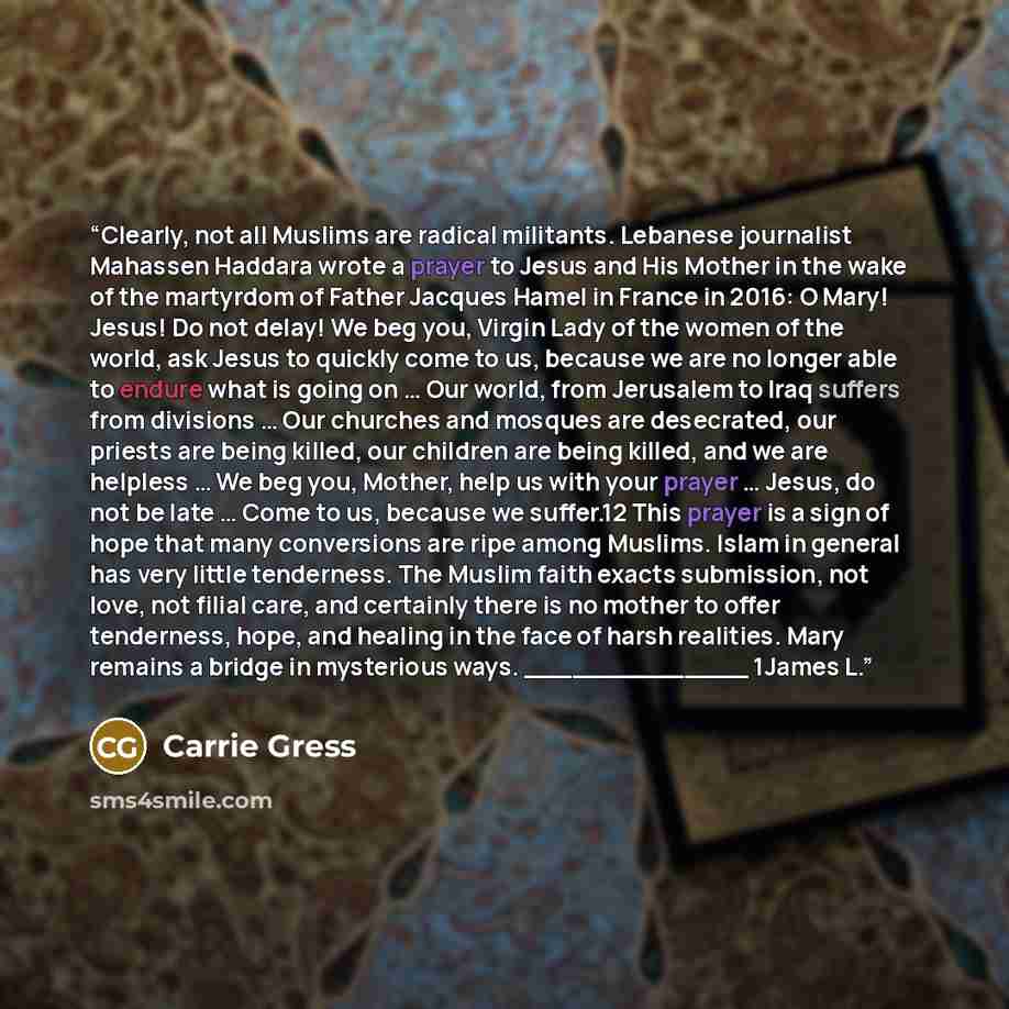 “Clearly, not all Muslims are radical militants. Lebanese journalist Mahassen Haddara wrote a prayer to Jesus and His Mother in the wake of the martyrdom of Father Jacques Hamel in France in 2016: O Mary! Jesus! Do not delay! We beg you, Virgin Lady of the women of the world, ask Jesus to quickly…” quote by Carrie Gress