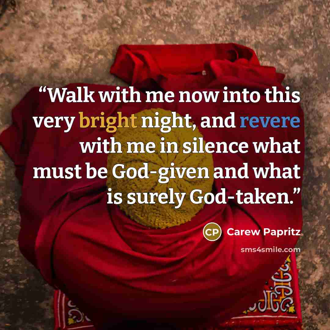 “Walk with me now into this very bright night, and revere with me in silence what must be God-given and what is surely God-taken.” quote by Carew Papritz
