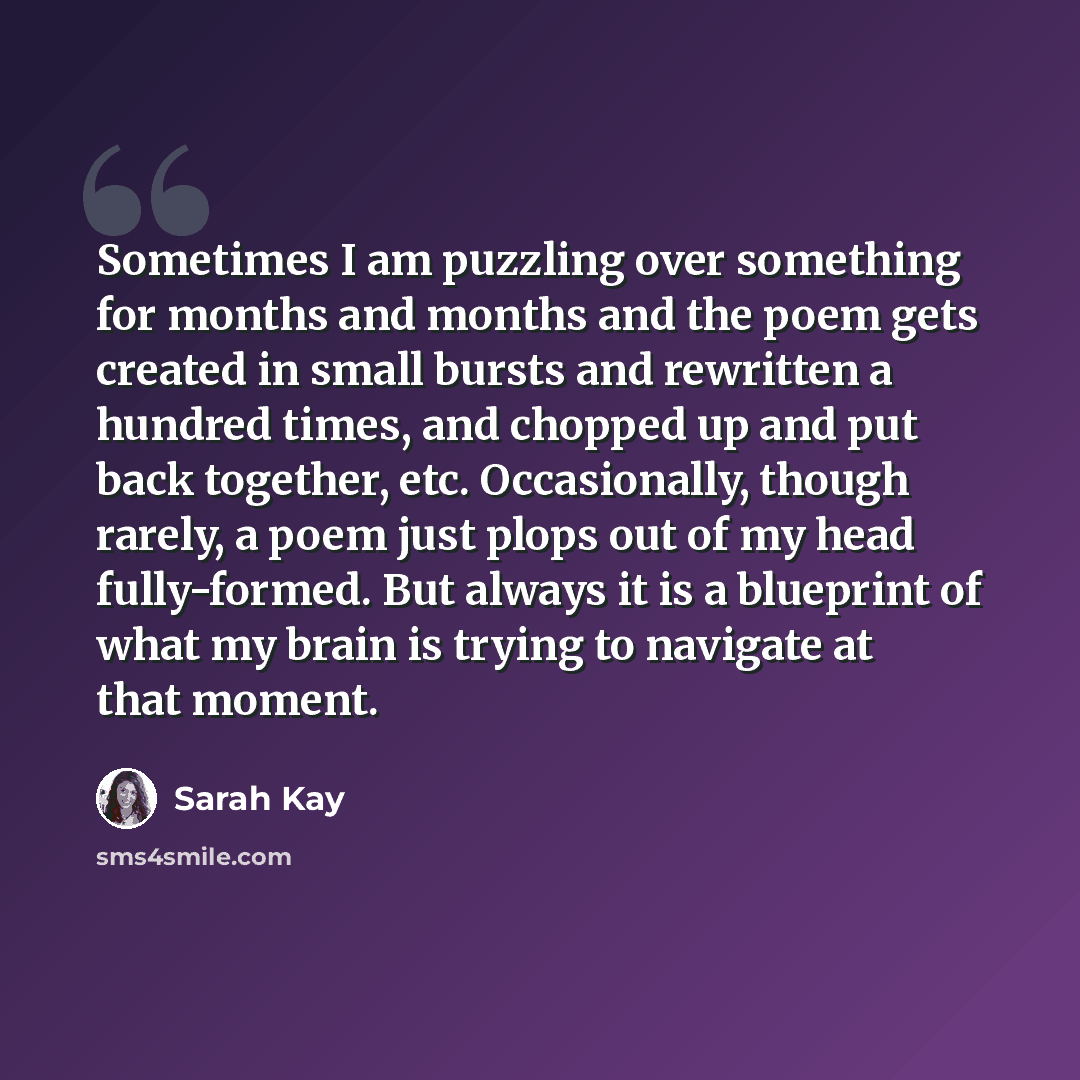“Sometimes I am puzzling over something for months and months and the poem gets created in small bursts and rewritten a hundred times, and chopped up and put back together, etc. Occasionally, though rarely, a poem just plops out of my head fully-formed. But always it is a blueprint of what my brain…” quote by Sarah Kay