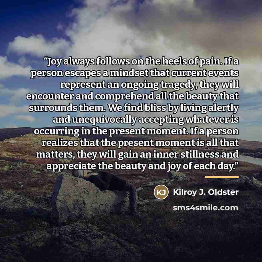 “Joy always follows on the heels of pain. If a person escapes a mindset that current events represent an ongoing tragedy, they will encounter and comprehend all the beauty that surrounds them. We find bliss by living alertly and unequivocally accepting whatever is occurring in the present moment…” quote by Kilroy J. Oldster