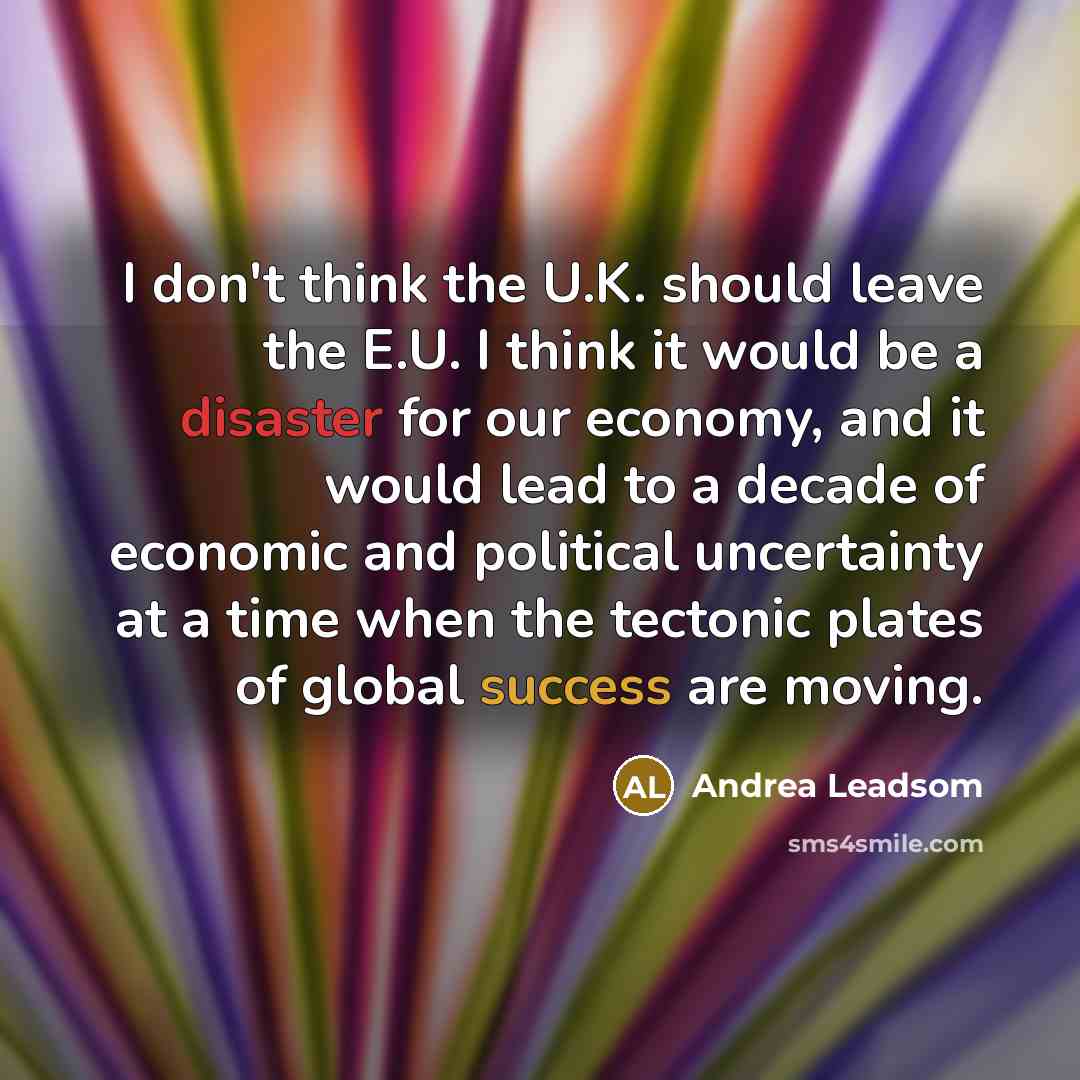 “I don't think the U.K. should leave the E.U. I think it would be a disaster for our economy, and it would lead to a decade of economic and political uncertainty at a time when the tectonic plates of global success are moving.” quote by Andrea Leadsom