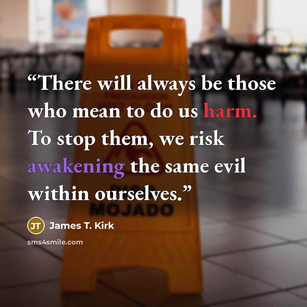 “There will always be those who mean to do us harm. To stop them, we risk awakening the same evil within ourselves.” quote by James T. Kirk