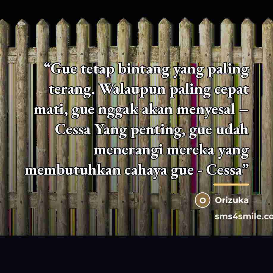 “Gue tetap bintang yang paling terang. Walaupun paling cepat mati, gue nggak akan menyesal – Cessa Yang penting, gue udah menerangi mereka yang membutuhkan cahaya gue - Cessa” quote by Orizuka