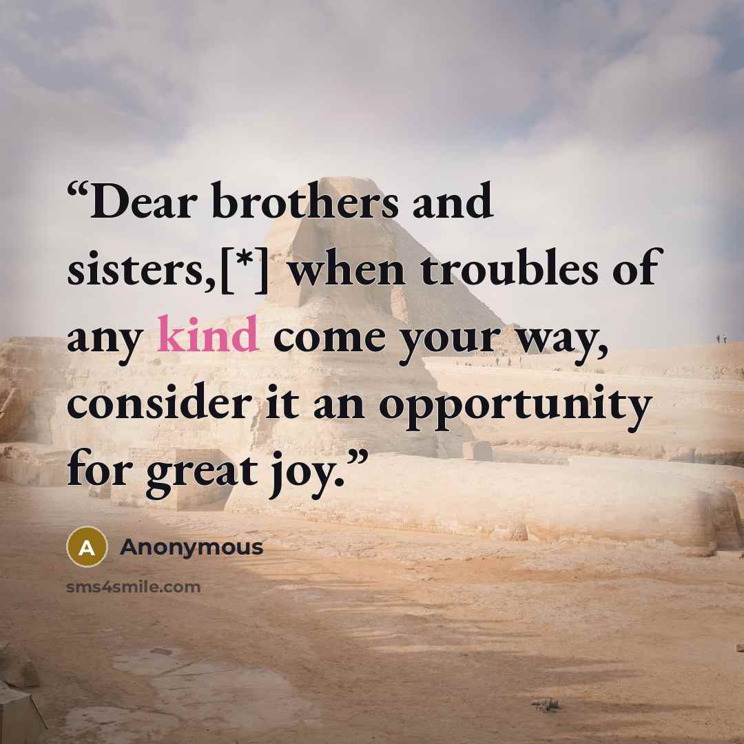 “Dear brothers and sisters,[*] when troubles of any kind come your way, consider it an opportunity for great joy.” quote by Anonymous