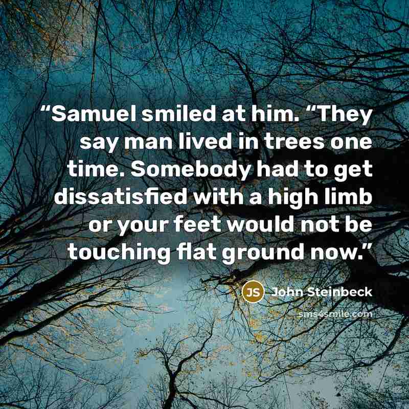 “Samuel smiled at him. “They say man lived in trees one time. Somebody had to get dissatisfied with a high limb or your feet would not be touching flat ground now.” quote by John Steinbeck