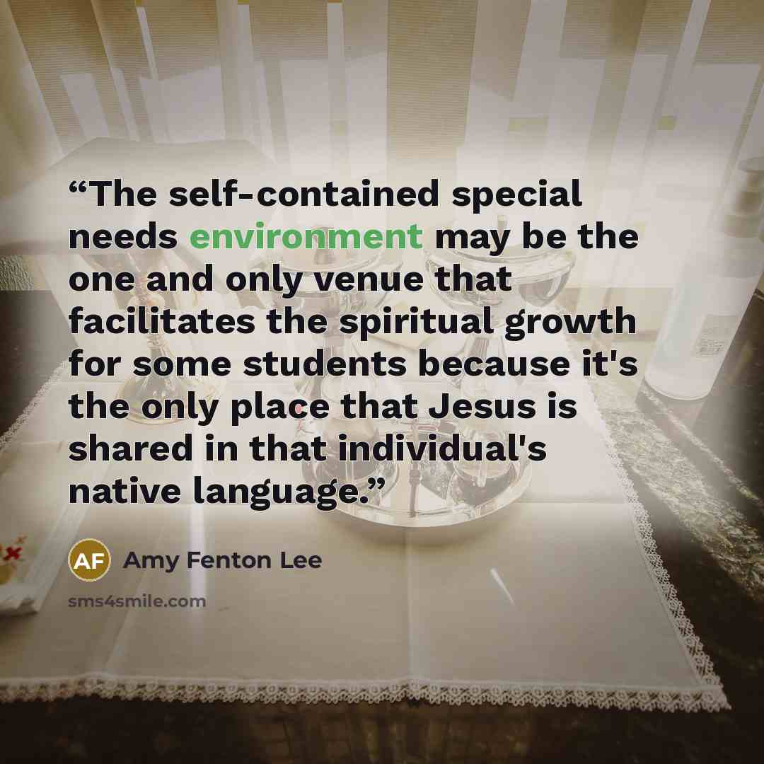 “The self-contained special needs environment may be the one and only venue that facilitates the spiritual growth for some students because it's the only place that Jesus is shared in that individual's native language.” quote by Amy Fenton Lee