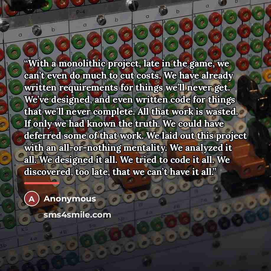 “With a monolithic project, late in the game, we can’t even do much to cut costs. We have already written requirements for things we’ll never get. We’ve designed, and even written code for things that we’ll never complete. All that work is wasted. If only we had known the truth. We could have…” quote by Anonymous