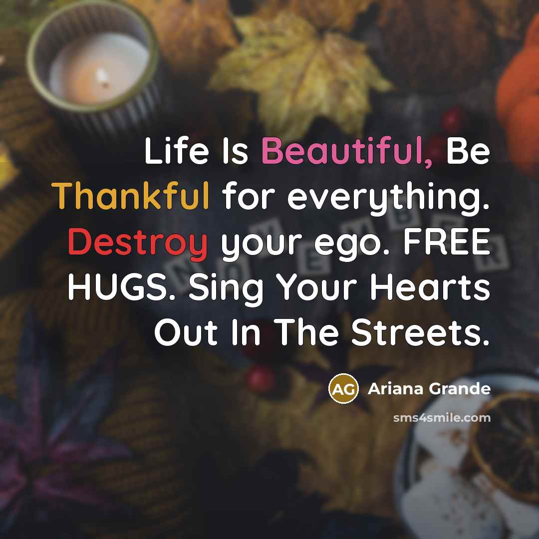 “Life Is Beautiful, Be Thankful for everything. Destroy your ego. FREE HUGS. Sing Your Hearts Out In The Streets.” quote by Ariana Grande