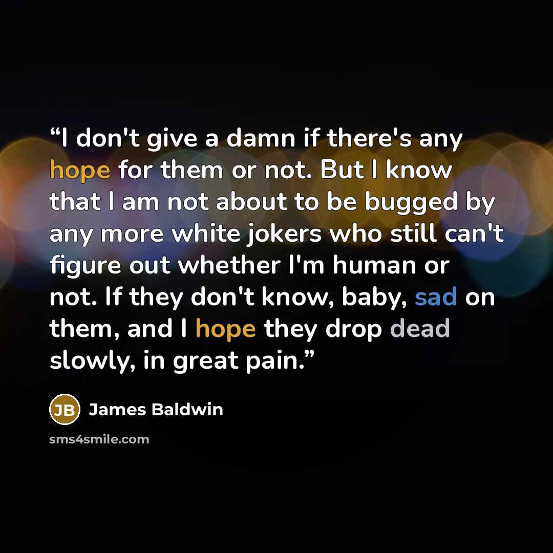 “I don't give a damn if there's any hope for them or not. But I know that I am not about to be bugged by any more white jokers who still can't figure out whether I'm human or not. If they don't know, baby, sad on them, and I hope they drop dead slowly, in great pain.” quote by James Baldwin