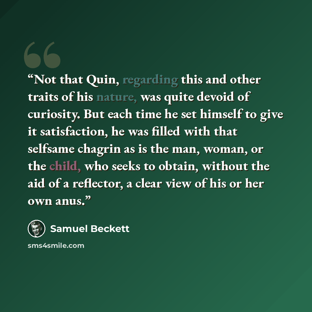 “Not that Quin, regarding this and other traits of his nature, was quite devoid of curiosity. But each time he set himself to give it satisfaction, he was filled with that selfsame chagrin as is the man, woman, or the child, who seeks to obtain, without the aid of a reflector, a clear view of his…” quote by Samuel Beckett