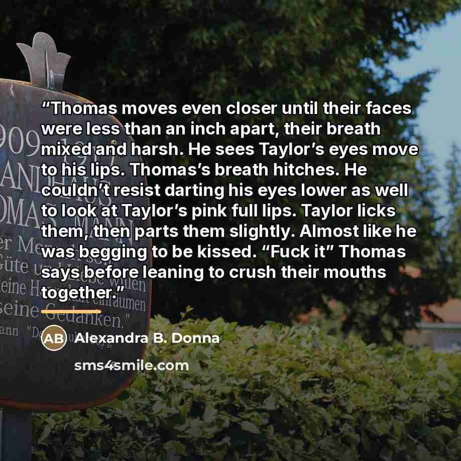 “Thomas moves even closer until their faces were less than an inch apart, their breath mixed and harsh. He sees Taylor’s eyes move to his lips. Thomas’s breath hitches. He couldn’t resist darting his eyes lower as well to look at Taylor’s pink full lips. Taylor licks them, then parts them slightly…” quote by Alexandra B. Donna