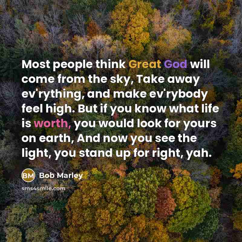 “Most people think Great God will come from the sky, Take away ev'rything, and make ev'rybody feel high. But if you know what life is worth, you would look for yours on earth, And now you see the light, you stand up for right, yah.” quote by Bob Marley