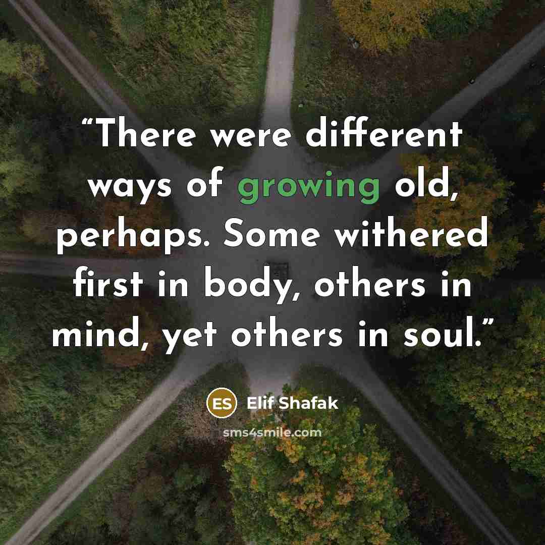 “There were different ways of growing old, perhaps. Some withered first in body, others in mind, yet others in soul.” quote by Elif Shafak