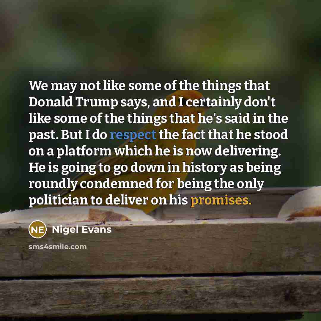 “We may not like some of the things that Donald Trump says, and I certainly don't like some of the things that he's said in the past. But I do respect the fact that he stood on a platform which he is now delivering. He is going to go down in history as being roundly condemned for being the only…” quote by Nigel Evans