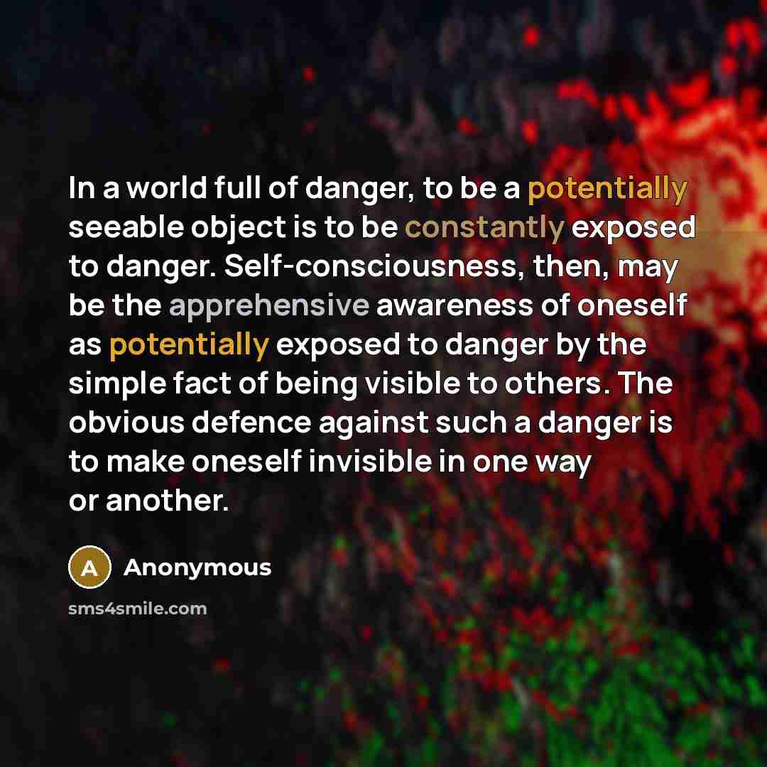 “In a world full of danger, to be a potentially seeable object is to be constantly exposed to danger. Self-consciousness, then, may be the apprehensive awareness of oneself as potentially exposed to danger by the simple fact of being visible to others. The obvious defence against such a danger is…” quote by Anonymous
