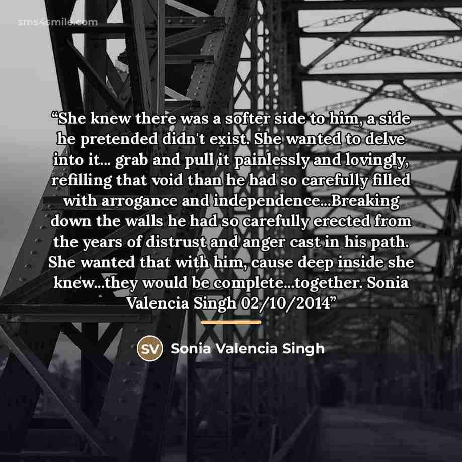 “She knew there was a softer side to him, a side he pretended didn't exist. She wanted to delve into it... grab and pull it painlessly and lovingly, refilling that void than he had so carefully filled with arrogance and independence...Breaking down the walls he had so carefully erected from the…” quote by Sonia Valencia Singh