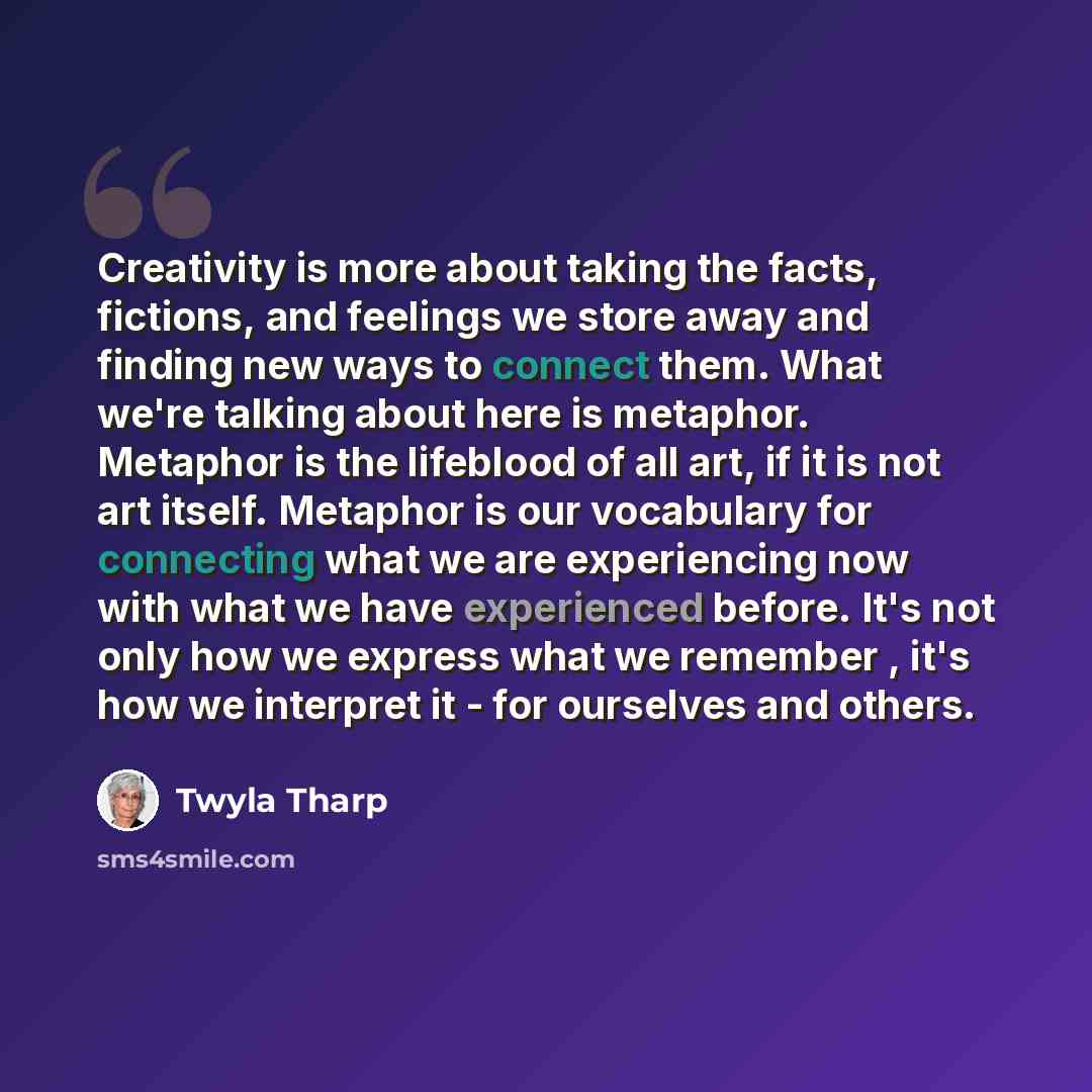“Creativity is more about taking the facts, fictions, and feelings we store away and finding new ways to connect them. What we're talking about here is metaphor. Metaphor is the lifeblood of all art, if it is not art itself. Metaphor is our vocabulary for connecting what we are experiencing now…” quote by Twyla Tharp