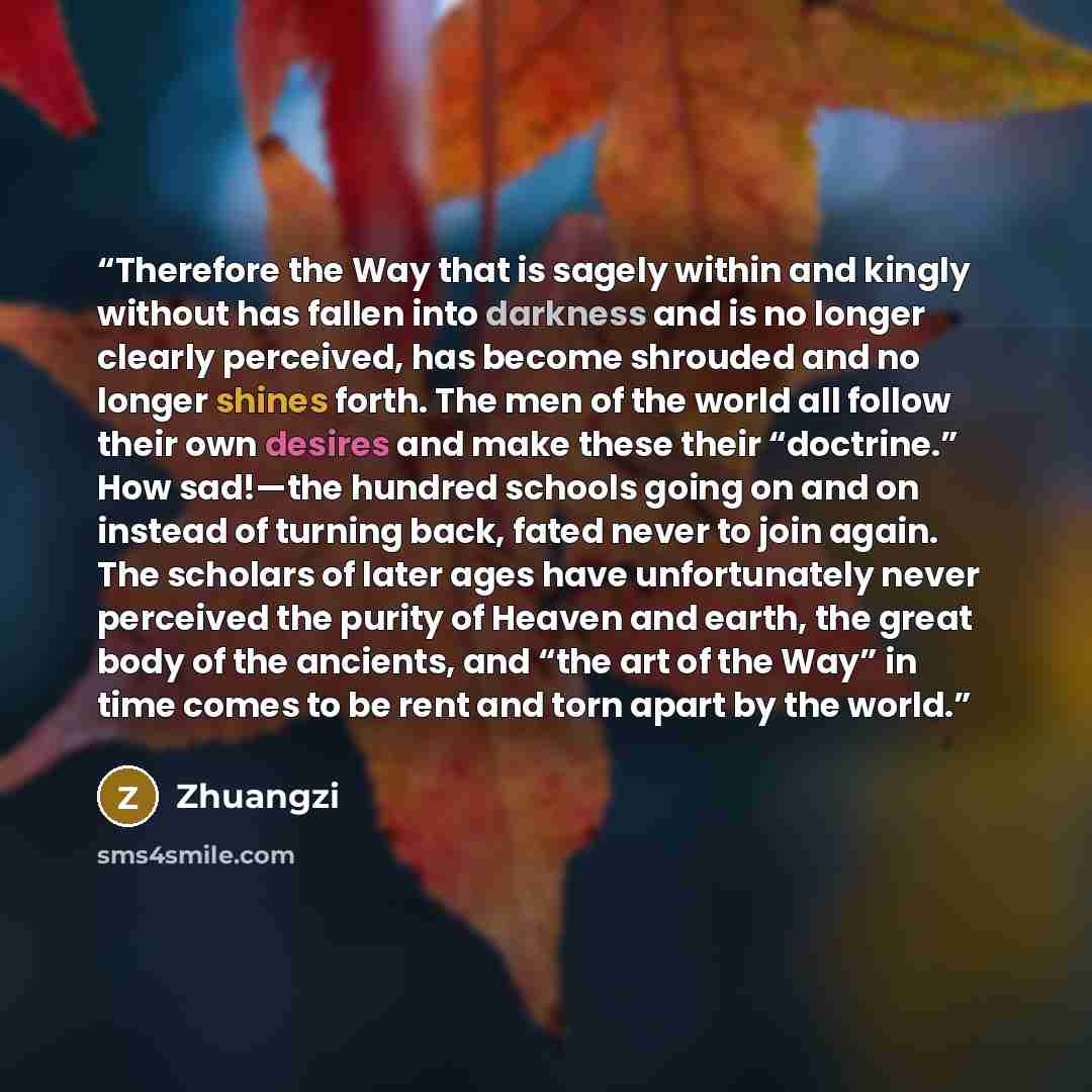 “Therefore the Way that is sagely within and kingly without has fallen into darkness and is no longer clearly perceived, has become shrouded and no longer shines forth. The men of the world all follow their own desires and make these their “doctrine.” How sad!—the hundred schools going on and on…” quote by Zhuangzi