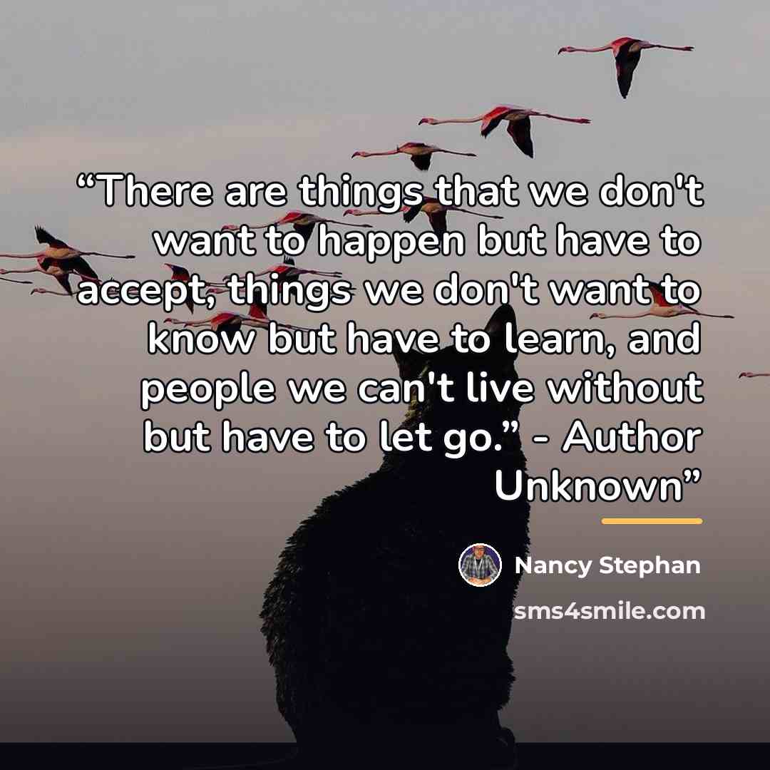 “There are things that we don't want to happen but have to accept, things we don't want to know but have to learn, and people we can't live without but have to let go.” - Author Unknown” quote by Nancy Stephan