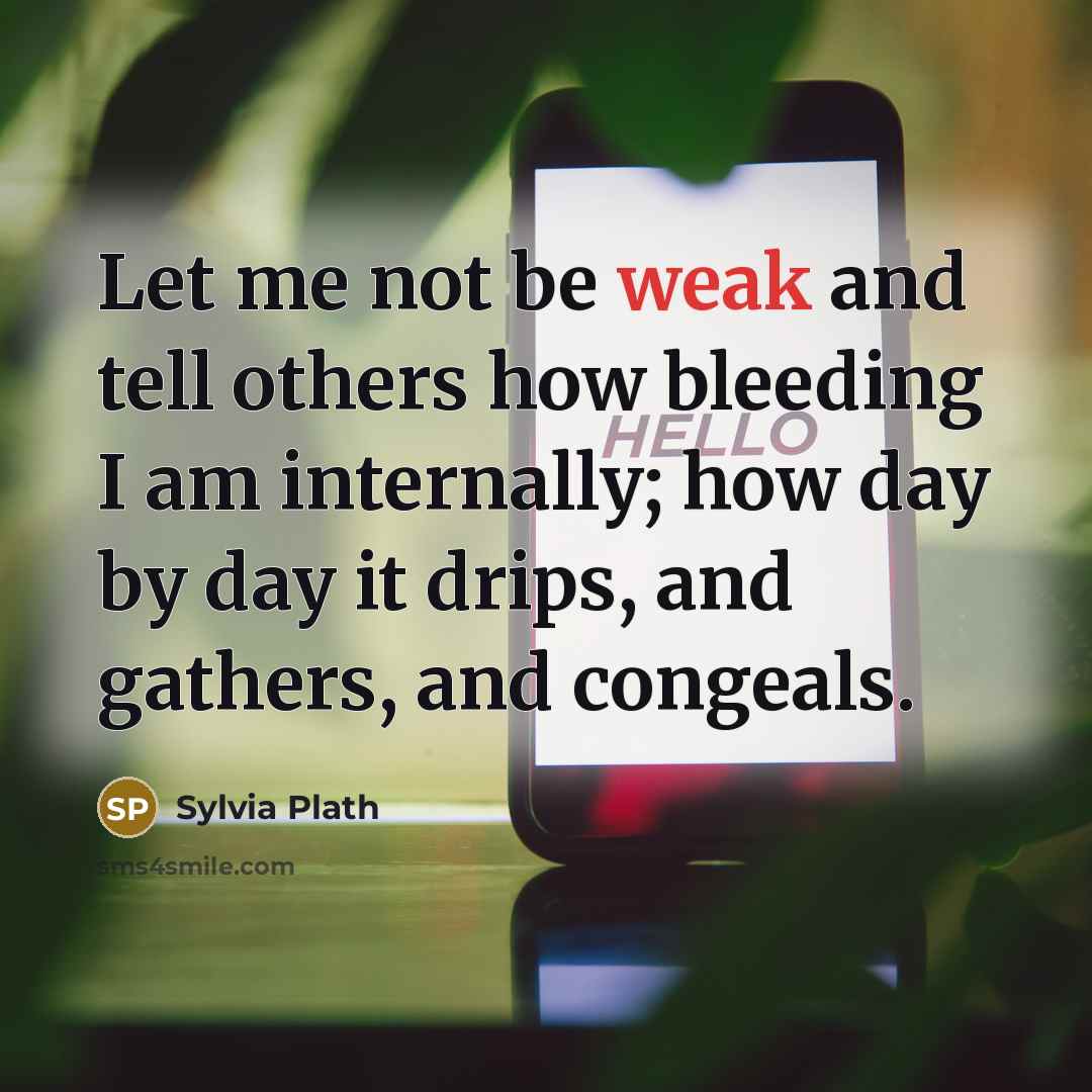 “Let me not be weak and tell others how bleeding I am internally; how day by day it drips, and gathers, and congeals.” quote by Sylvia Plath