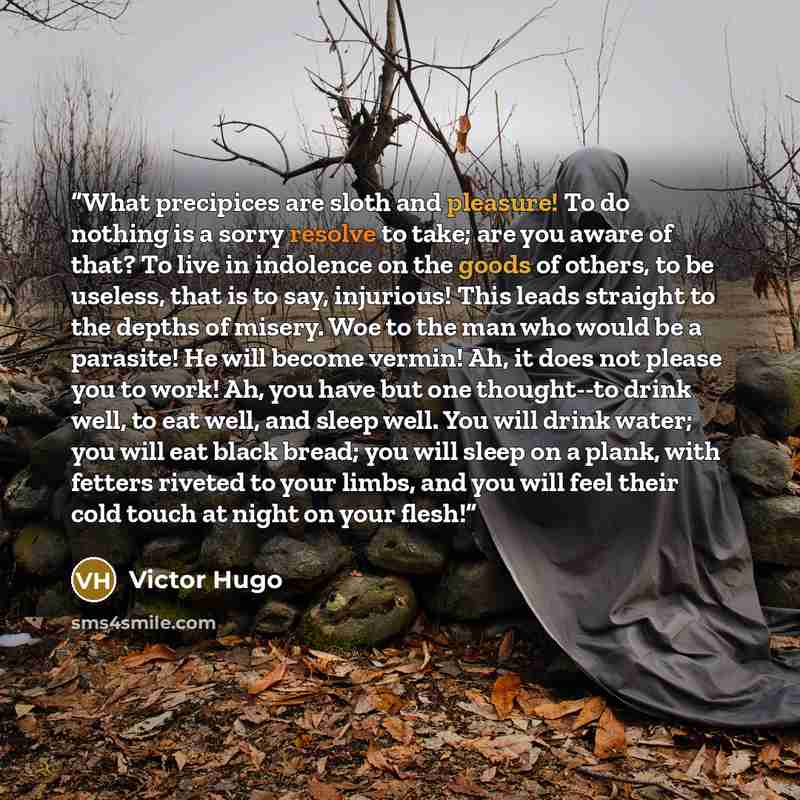 “What precipices are sloth and pleasure! To do nothing is a sorry resolve to take; are you aware of that? To live in indolence on the goods of others, to be useless, that is to say, injurious! This leads straight to the depths of misery. Woe to the man who would be a parasite! He will become…” quote by Victor Hugo