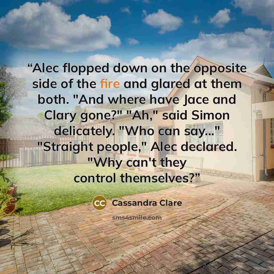 “Alec flopped down on the opposite side of the fire and glared at them both. "And where have Jace and Clary gone?" "Ah," said Simon delicately. "Who can say..." "Straight people," Alec declared. "Why can't they control themselves?” quote by Cassandra Clare