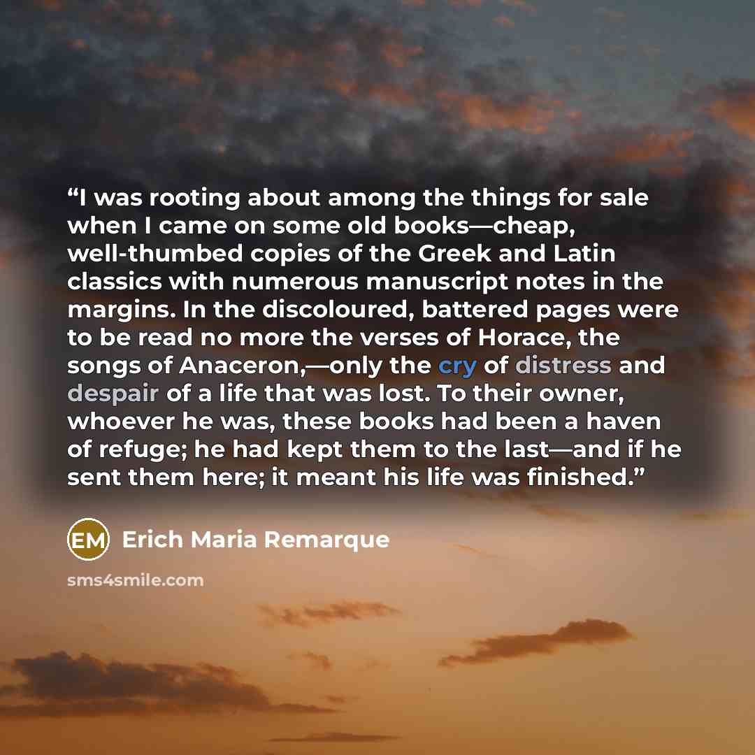“I was rooting about among the things for sale when I came on some old books—cheap, well-thumbed copies of the Greek and Latin classics with numerous manuscript notes in the margins. In the discoloured, battered pages were to be read no more the verses of Horace, the songs of Anaceron,—only the cry…” quote by Erich Maria Remarque