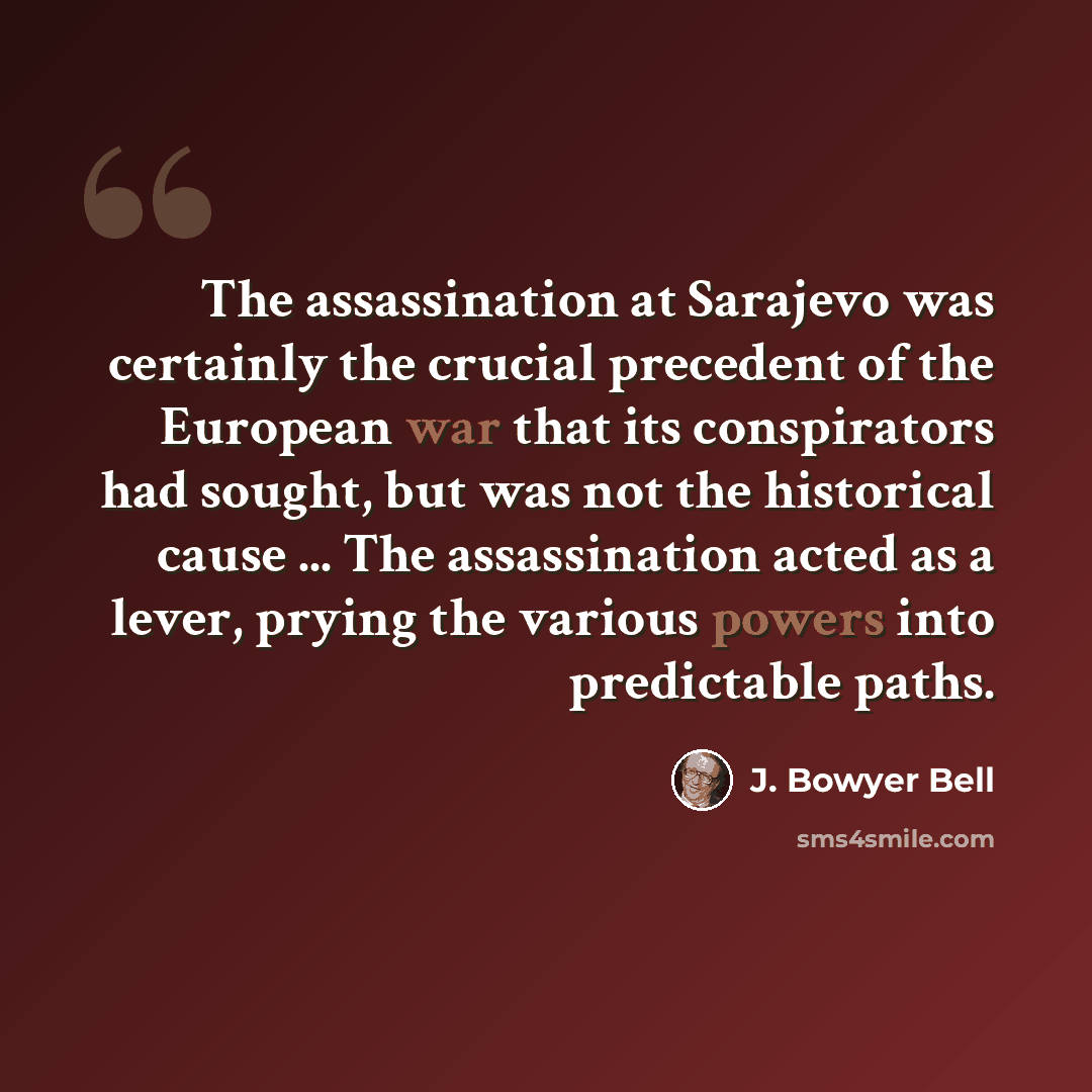 “The assassination at Sarajevo was certainly the crucial precedent of the European war that its conspirators had sought, but was not the historical cause ... The assassination acted as a lever, prying the various powers into predictable paths.” quote by J. Bowyer Bell
