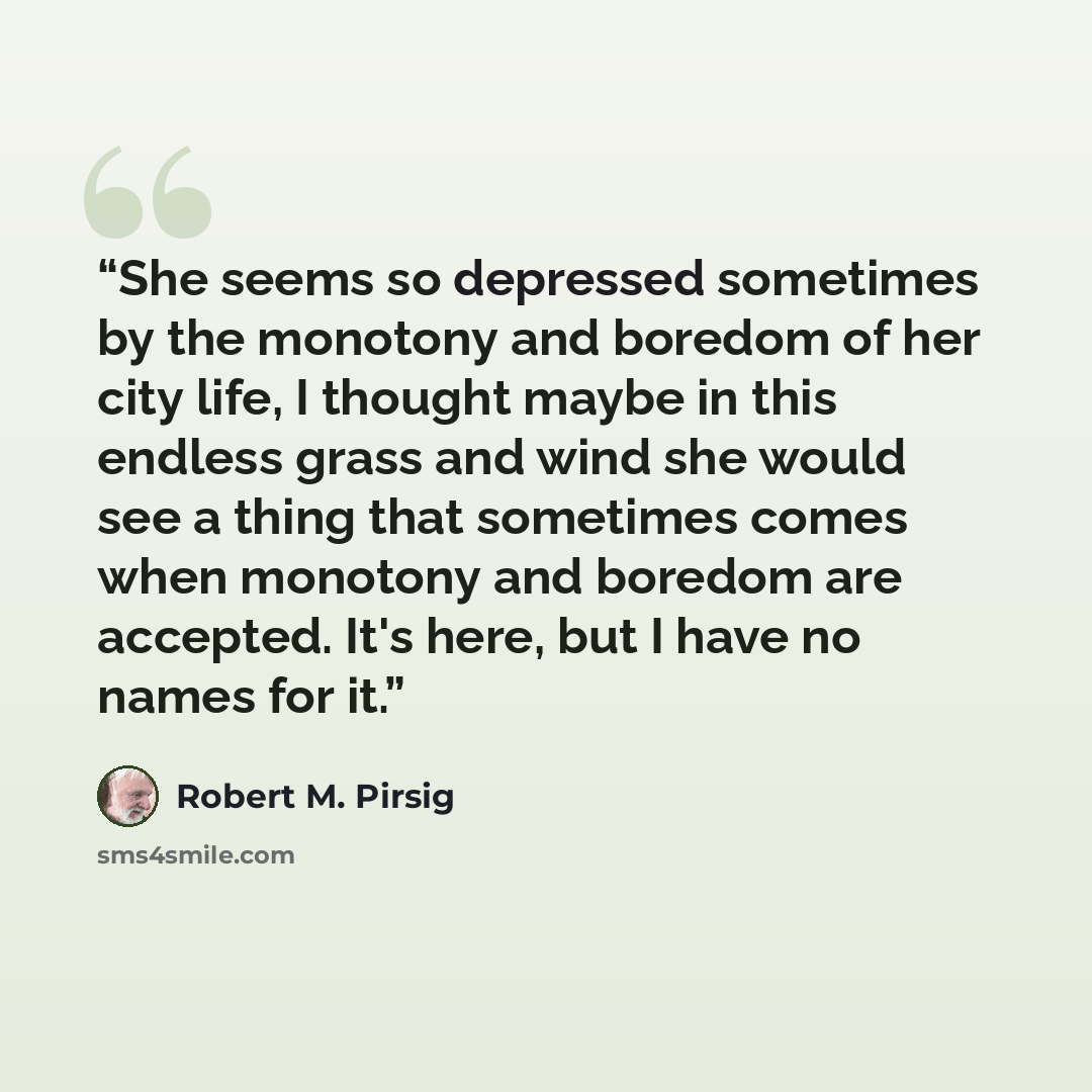 “She seems so depressed sometimes by the monotony and boredom of her city life, I thought maybe in this endless grass and wind she would see a thing that sometimes comes when monotony and boredom are accepted. It's here, but I have no names for it.” quote by Robert M. Pirsig