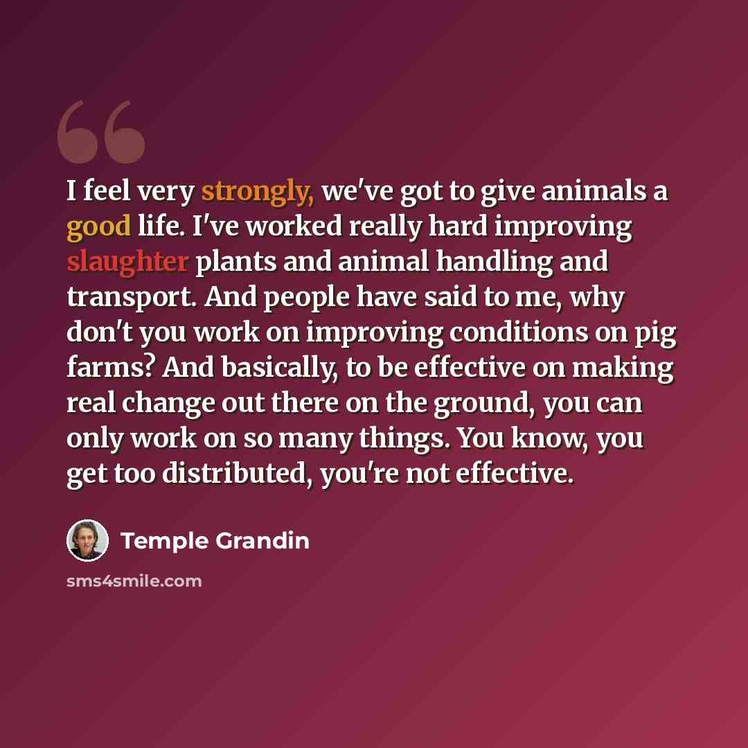 “I feel very strongly, we've got to give animals a good life. I've worked really hard improving slaughter plants and animal handling and transport. And people have said to me, why don't you work on improving conditions on pig farms? And basically, to be effective on making real change out there on…” quote by Temple Grandin