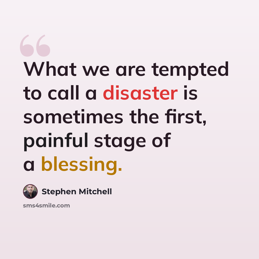 “What we are tempted to call a disaster is sometimes the first, painful stage of a blessing.” quote by Stephen Mitchell
