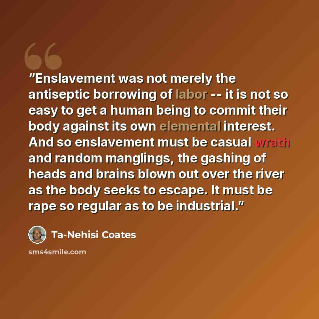 “Enslavement was not merely the antiseptic borrowing of labor -- it is not so easy to get a human being to commit their body against its own elemental interest. And so enslavement must be casual wrath and random manglings, the gashing of heads and brains blown out over the river as the body seeks…” quote by Ta-Nehisi Coates