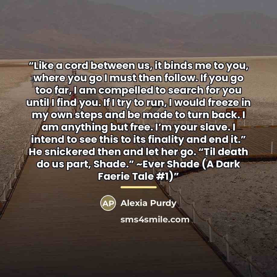 “Like a cord between us, it binds me to you, where you go I must then follow. If you go too far, I am compelled to search for you until I find you. If I try to run, I would freeze in my own steps and be made to turn back. I am anything but free. I’m your slave. I intend to see this to its finality…” quote by Alexia Purdy