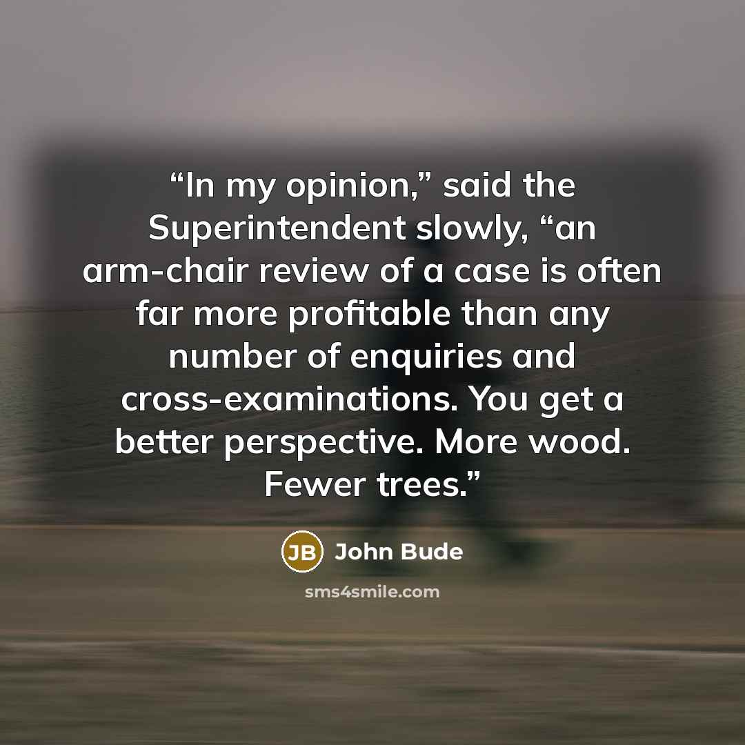 “In my opinion,” said the Superintendent slowly, “an arm-chair review of a case is often far more profitable than any number of enquiries and cross-examinations. You get a better perspective. More wood. Fewer trees.” quote by John Bude