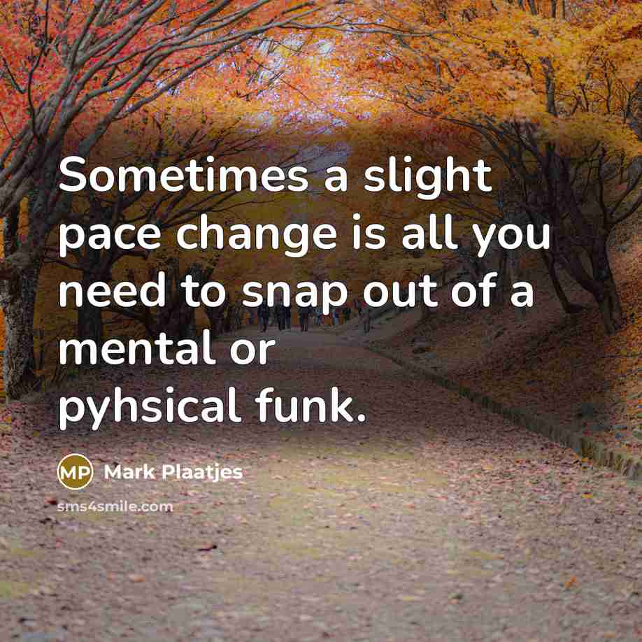 “Sometimes a slight pace change is all you need to snap out of a mental or pyhsical funk.” quote by Mark Plaatjes