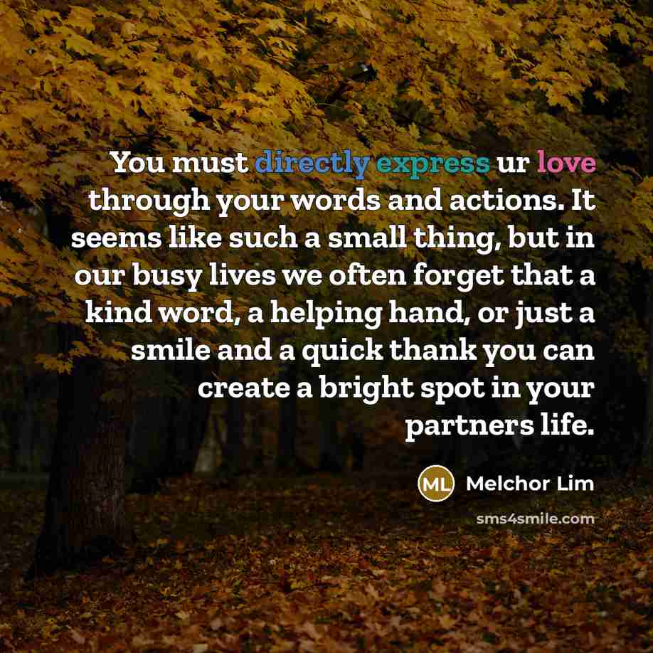 “You must directly express ur love through your words and actions. It seems like such a small thing, but in our busy lives we often forget that a kind word, a helping hand, or just a smile and a quick thank you can create a bright spot in your partners life.” quote by Melchor Lim