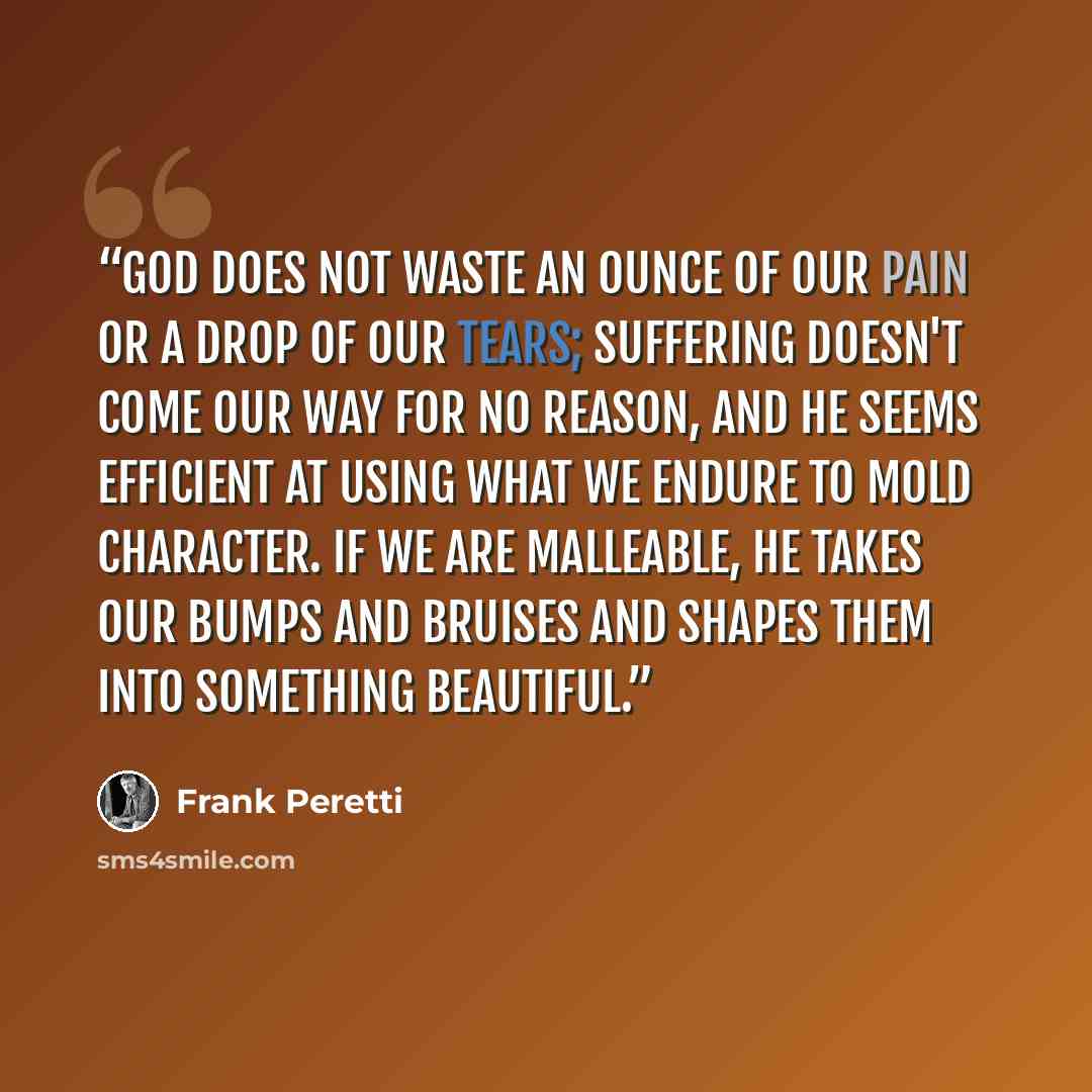 “God does not waste an ounce of our pain or a drop of our tears; suffering doesn't come our way for no reason, and He seems efficient at using what we endure to mold character. If we are malleable, He takes our bumps and bruises and shapes them into something beautiful.” quote by Frank Peretti