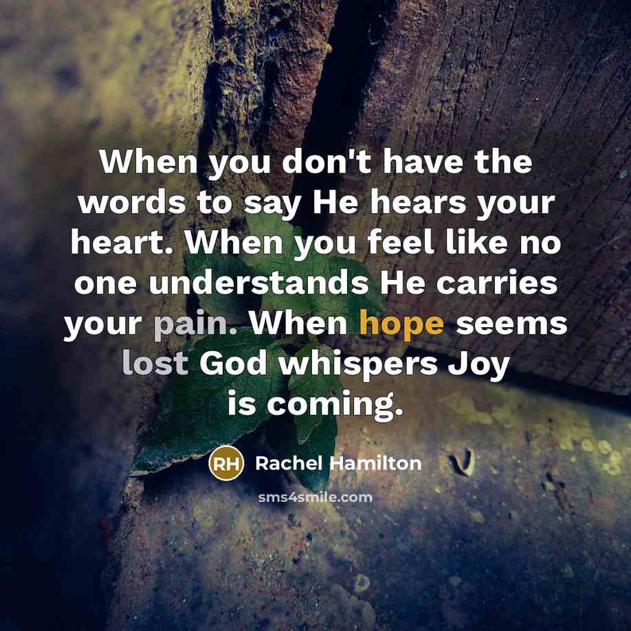 “When you don't have the words to say He hears your heart. When you feel like no one understands He carries your pain. When hope seems lost God whispers Joy is coming.” quote by Rachel Hamilton