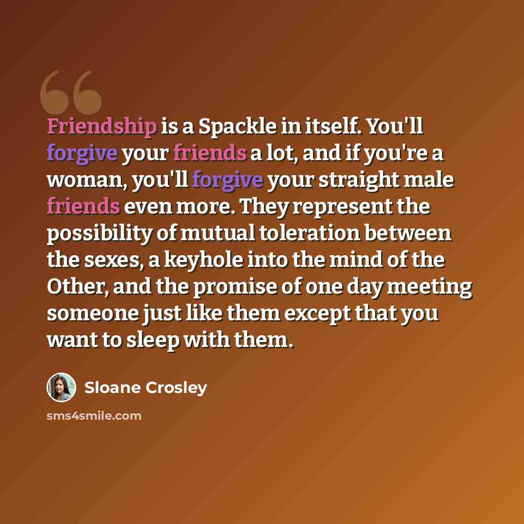 “Friendship is a Spackle in itself. You'll forgive your friends a lot, and if you're a woman, you'll forgive your straight male friends even more. They represent the possibility of mutual toleration between the sexes, a keyhole into the mind of the Other, and the promise of one day meeting someone…” quote by Sloane Crosley