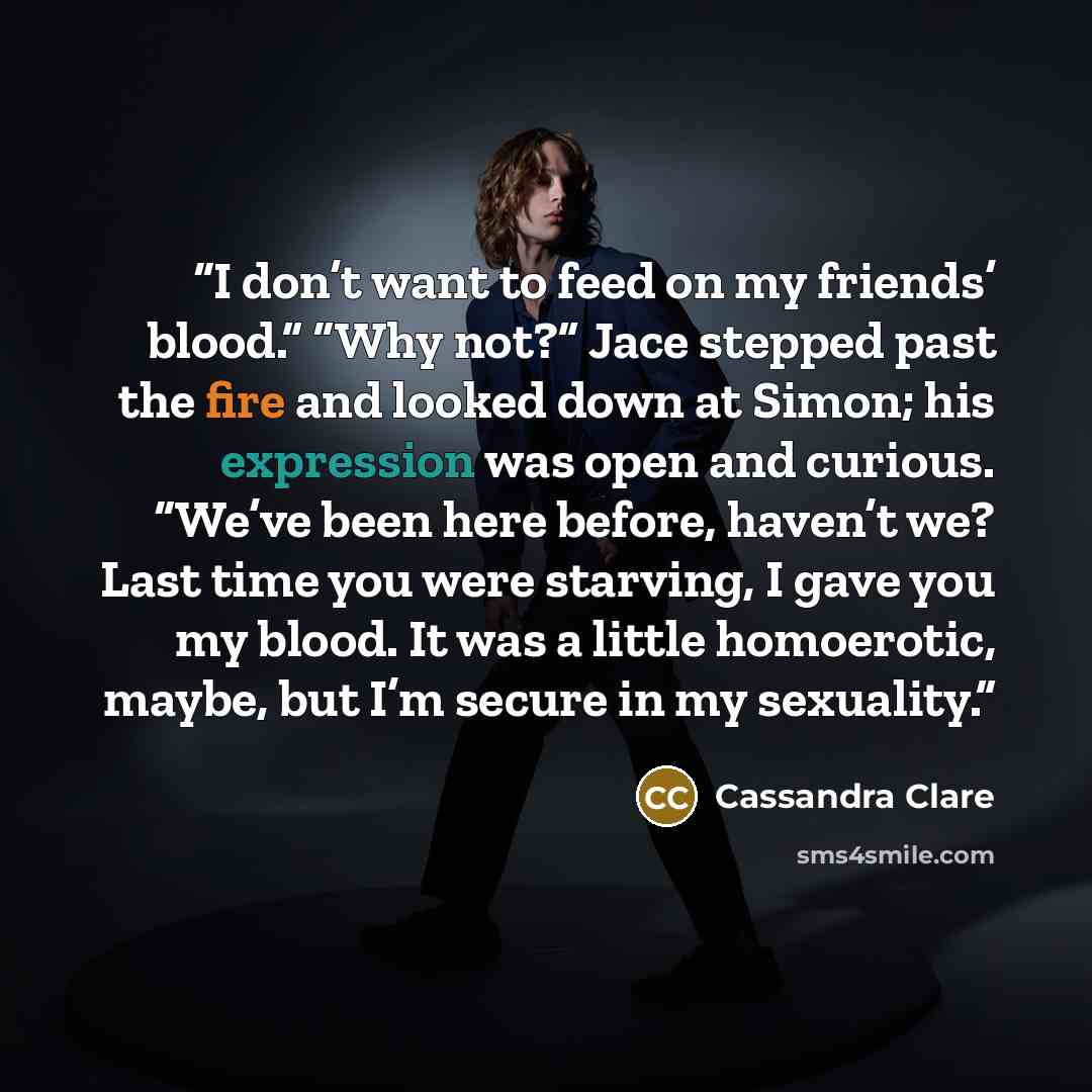 “I don’t want to feed on my friends’ blood.” “Why not?” Jace stepped past the fire and looked down at Simon; his expression was open and curious. “We’ve been here before, haven’t we? Last time you were starving, I gave you my blood. It was a little homoerotic, maybe, but I’m secure in my sexuality.” quote by Cassandra Clare