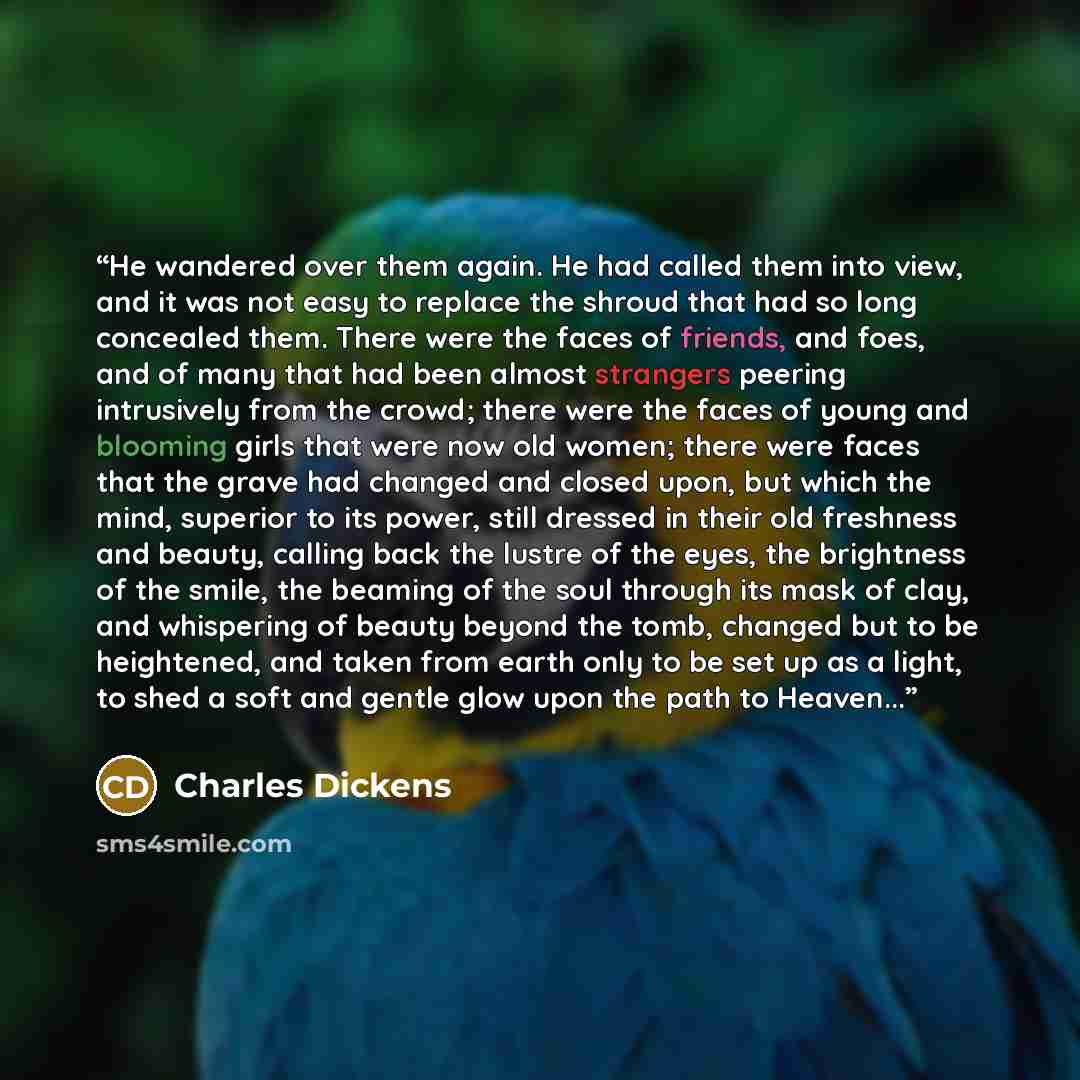 “He wandered over them again. He had called them into view, and it was not easy to replace the shroud that had so long concealed them. There were the faces of friends, and foes, and of many that had been almost strangers peering intrusively from the crowd; there were the faces of young and blooming…” quote by Charles Dickens