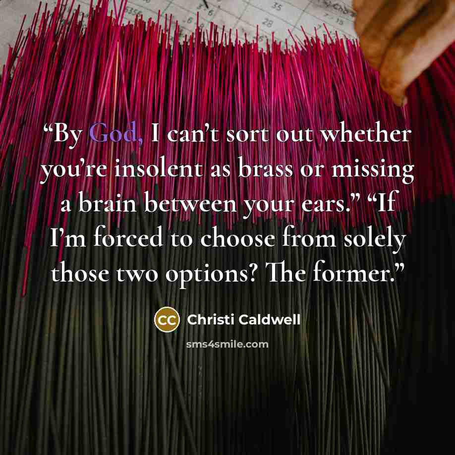 “By God, I can’t sort out whether you’re insolent as brass or missing a brain between your ears.” “If I’m forced to choose from solely those two options? The former.” quote by Christi Caldwell