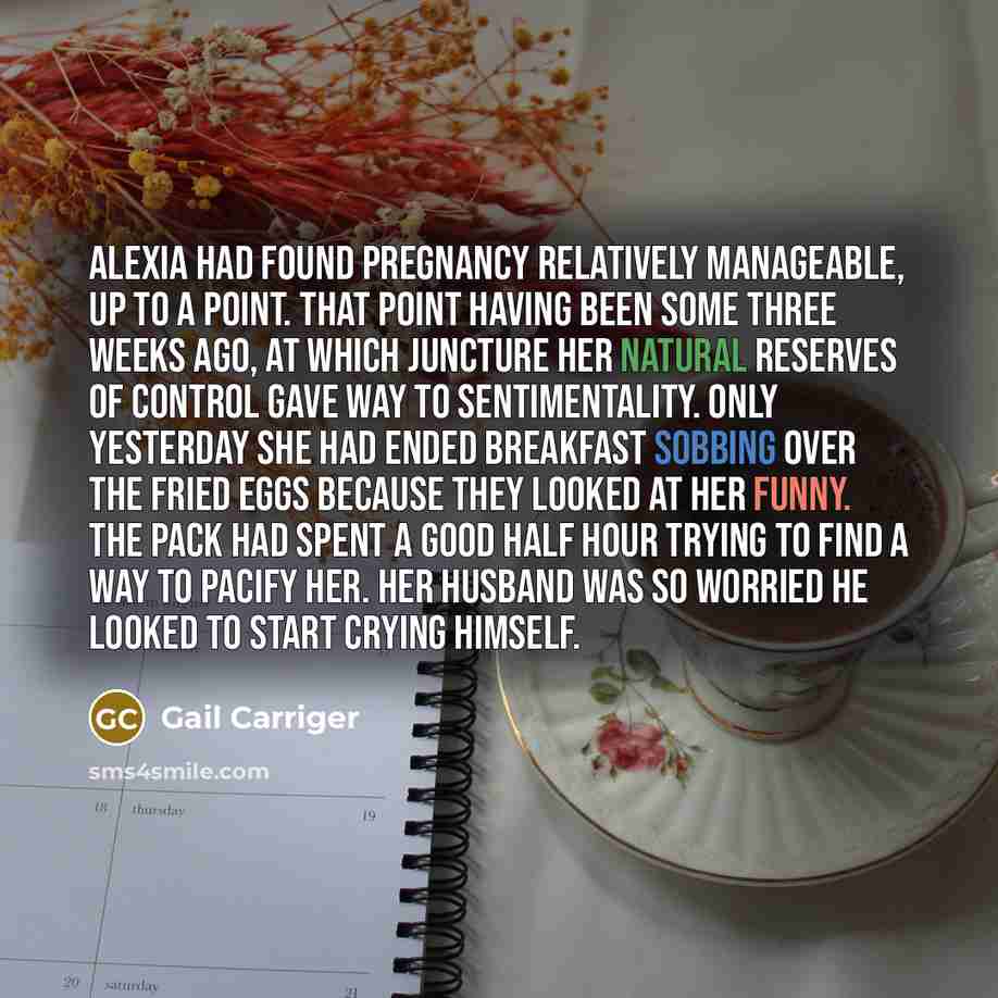 “Alexia had found pregnancy relatively manageable, up to a point. That point having been some three weeks ago, at which juncture her natural reserves of control gave way to sentimentality. Only yesterday she had ended breakfast sobbing over the fried eggs because they looked at her funny. The pack…” quote by Gail Carriger