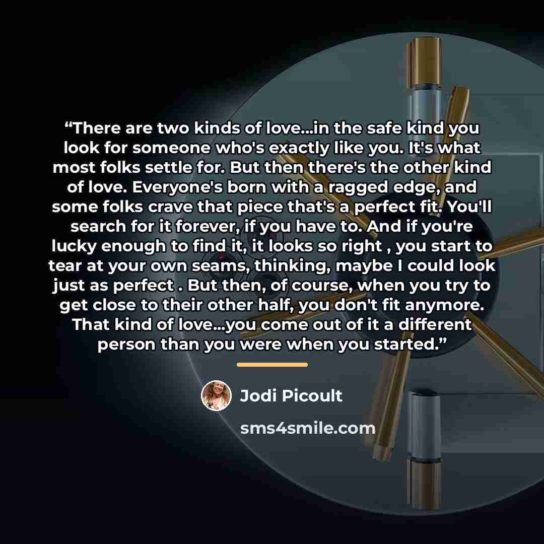 “There are two kinds of love...in the safe kind you look for someone who's exactly like you. It's what most folks settle for. But then there's the other kind of love. Everyone's born with a ragged edge, and some folks crave that piece that's a perfect fit. You'll search for it forever, if you have…” quote by Jodi Picoult