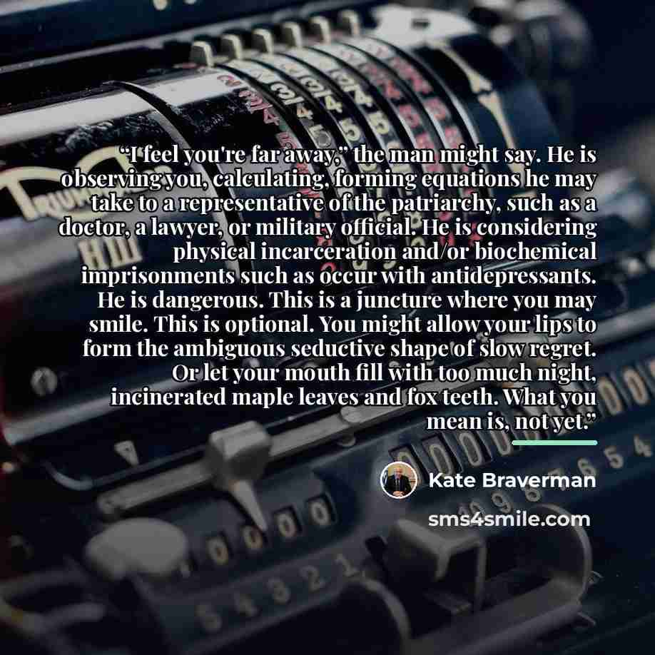 “I feel you're far away,” the man might say. He is observing you, calculating, forming equations he may take to a representative of the patriarchy, such as a doctor, a lawyer, or military official. He is considering physical incarceration and/or biochemical imprisonments such as occur with…” quote by Kate Braverman