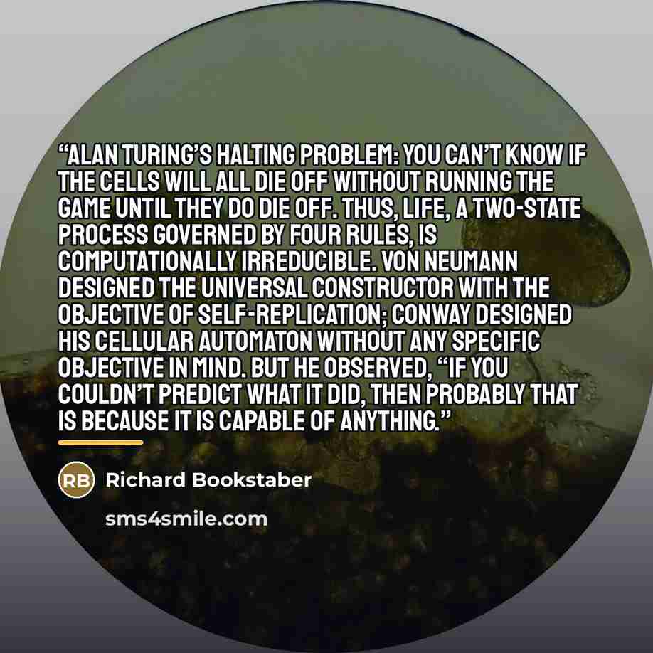 “Alan Turing’s halting problem: you can’t know if the cells will all die off without running the game until they do die off. Thus, Life, a two-state process governed by four rules, is computationally irreducible. Von Neumann designed the universal constructor with the objective of self-replication…” quote by Richard Bookstaber