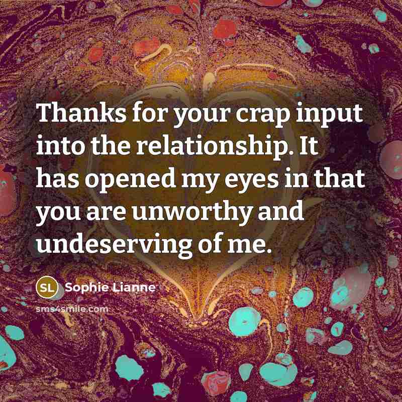 “Thanks for your crap input into the relationship. It has opened my eyes in that you are unworthy and undeserving of me.” quote by Sophie Lianne